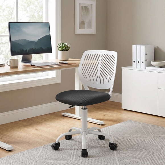 Homy Casa Armless Desk Chair, Adjustable Swivel Study Chair with Wheels, Breathable Backrest, White and Black