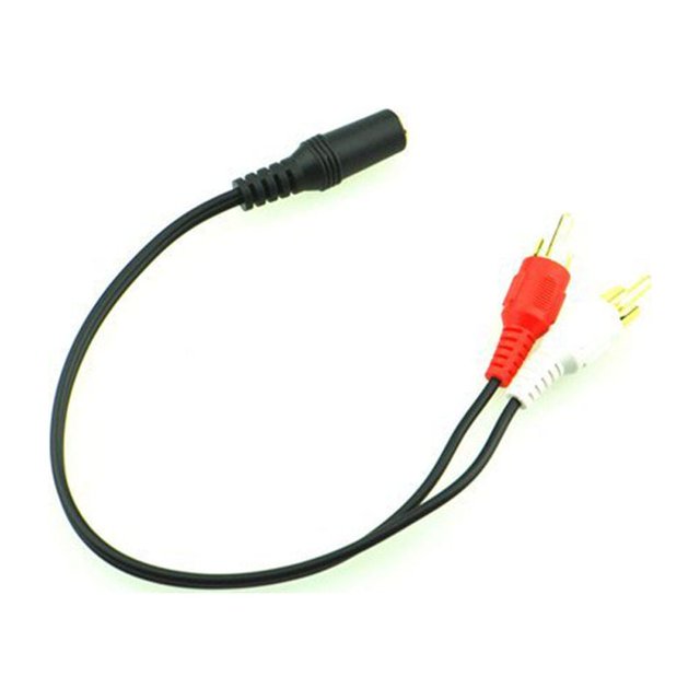 Shisuyan Y Cable 3.5mm stereo female to 2 x RCA male connector with gold-plated adaptors. Black cable with one stereo female end and two RCA male ends in red and white. Ideal for connecting portable CD players, MP3 players, or mini-home stereo audio sources with 3.5mm jacks to stereo receivers or multimedia speakers. A versatile home audio accessory for enhanced sound connectivity.