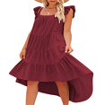 thumbnail image 2 of Women Summer Ruffled Sleeve Dress  Contrast Color/Solid Color Square Neck Irregular Hem Dress for Beach  Date, 2 of 6