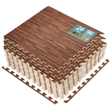 Sorbus Tuiles de Plancher à Grain de Bois de 96 Pi2 Tapis en Mousse EVA Tuiles Emboîtables Tuile Revêtement de Sol de 3/8 Po d'Épaisseur Tapis d'Exercice en Casse-Tête de Bois avec Bordures - Maison Salle de Jeux sous-Sol, Appartement, Salon Professionnel, Bébé, Danse