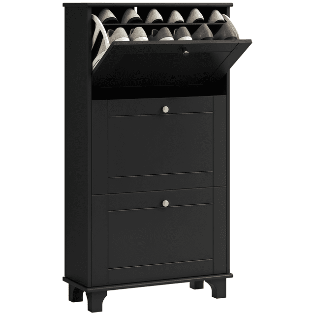 HOMCOM Armoire à Chaussures Moderne avec 3 Tiroirs Basculants pour 12 Paires de Chaussures, Conçue pour les Meubles d'Entrée avec Rangement Caché. Présente une Finition Noire Élégante, des Poignées Dorées et un design compact. Fabriquée en MDF et Panneau de Particules, Elle Comprend des Tablettes Ajustables et une Stabilité Anti-Basculement. Dimensions : 23,6 Pouces de Large, 9,3 Pouces de Profondeur et 49,2 Pouces de Hauteur.