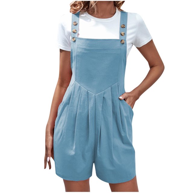 hoksml Women Overalls Solid Color Pocket Button Sleeveless Jumpsuit Pleated Bodysuit Playsuit Summer Rompers 2025 on Clearance