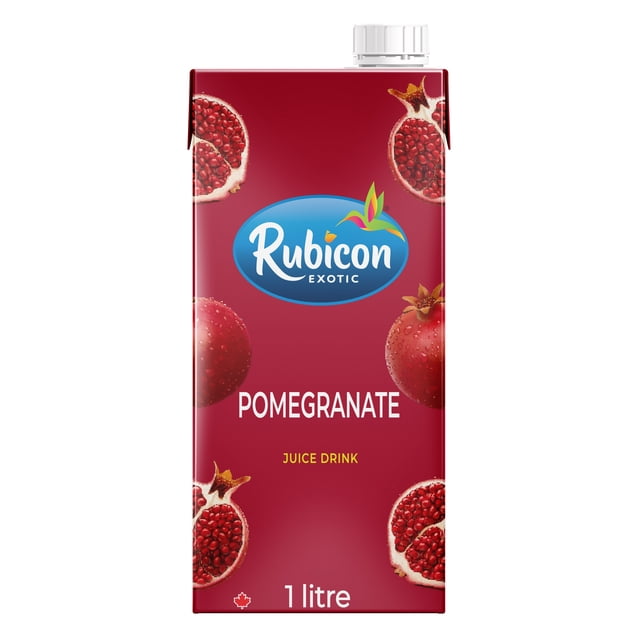Rubicon Pomegranate Exotic Juice Drink in a 1 litre carton with a white screw cap, featuring a deep red background decorated with whole and halved pomegranates, made from the finest Turkish pomegranates, ideal for refreshing fruit juice blends.