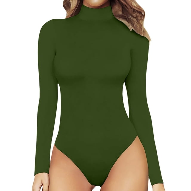 Women Fashion Mock Turtle Neck Long Sleeve Solid Plush Tops Bodysuit Jumpsuit