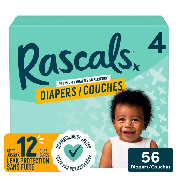 Rascals Premium Absorbent Baby Diapers, Size 4, Small Carton, 56 Count in a teal box with navy branding, featuring up to 12 hours of leak protection and dermatologist-tested hypoallergenic materials for gentle, sensitive skin care.