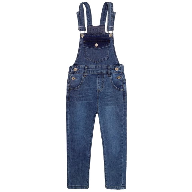 KIDSCOOL SPACE Jeans Ajustés pour Petits Garçons, Salopette en Denim à Poche à Rabat, Bleu Profond, 4-5 Ans