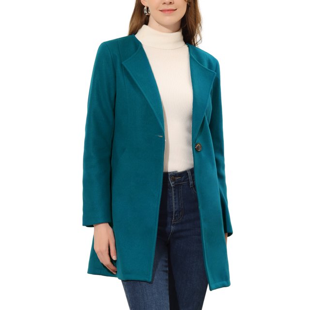 INSPIRE CHIC Women's Half Lapel Long Sleeves One Button Winter Mid-Length Overcoat M Lake Blue