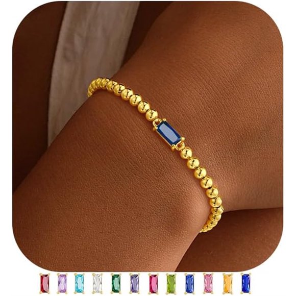 December Birthstone Bracelet for Women Dainty Blue 14K-Gold-Plated Birthstone Elastic Bead Bracelets Trendy Friendship Jewelry Easter Gifts for Women Girls