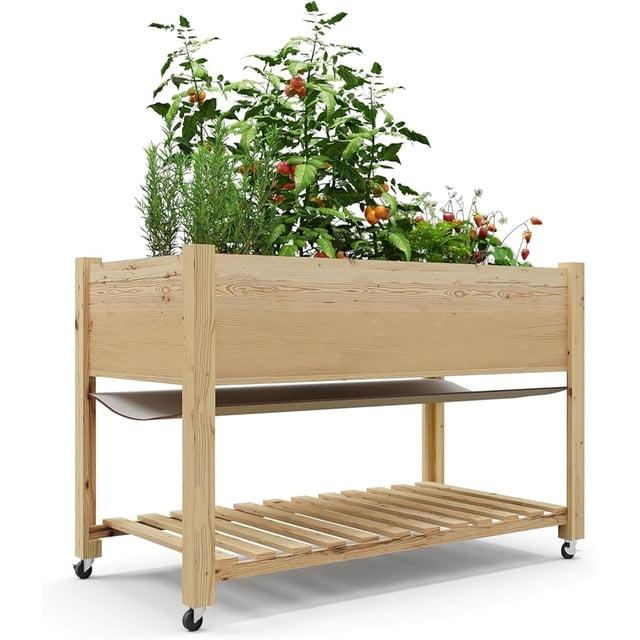 Bingirl Jardinière Surélevée avec Pattes et Roues - Bac de Plantation Extérieur 48x24x30 Pouces avec Doublure Imperméable et Tablette de Rangement - pour Patio, Terrasse, Balcon, Cour Arrière