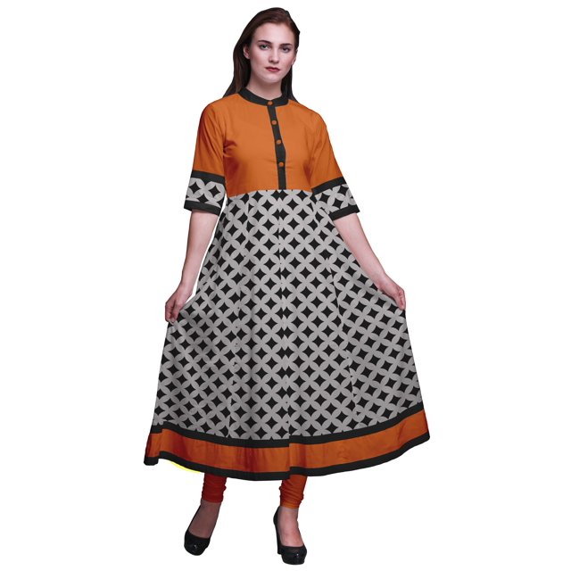 Bimba Gray Curve Diamond Geometric Print Long Flared A Line Indian Kurtis For Women Party Wear Anarkali Kurta-X-Large