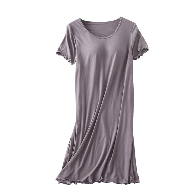AherBiu Robes de Pyjama pour Femmes à Manches Courtes, Col Ras du Cou, Vêtements de Nuit Confortables, Chemises de Nuit avec Soutien-Gorge Intégré