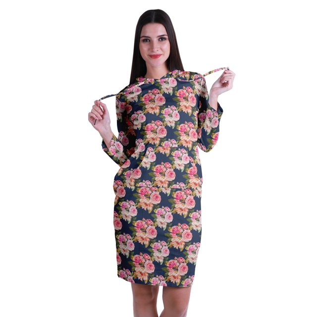 Moomaya Chandail à Capuchon à Manches Longues Imprimé, Robe T-Shirt en Jersey avec Poches