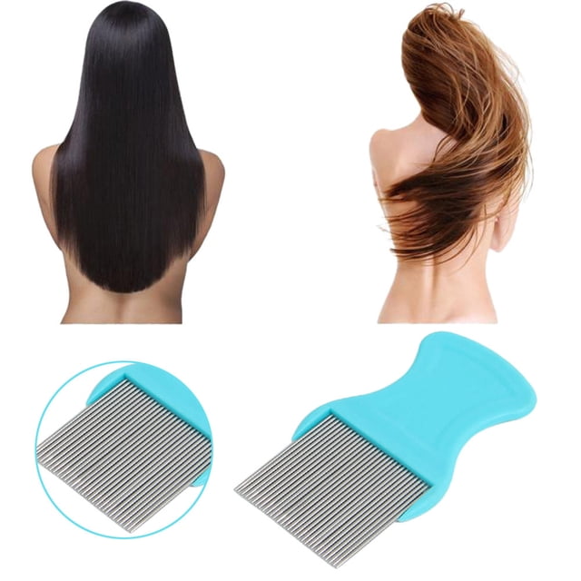 ZTTD Hair Lice Comb Brushes Terminator Fine Nit Free Removal Stainless Steel. The comb features long, fine stainless steel teeth and a blue anti-slip handle for effective nit removal and scalp protection. Suitable for all hair types, it is shown alongside models with smooth, flowing hair to highlight its results. A close-up inset emphasizes the comb's durable construction and fine teeth.