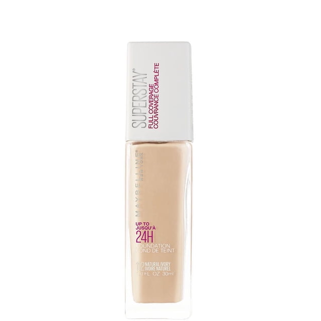 Maybelline New York Super Stay® Full Coverage Foundation, 30 ml in shade 112 Natural Ivory, in a clear rectangular glass bottle with a white cap, offering 24-hour full coverage and a lightweight, oil-free formula ideal for long-lasting makeup wear.