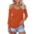 thumbnail image 2 of RXIRUCGD Femmes Uni Manches 3/4 Col en V Chandail Sans Bretelles Hauts Chemises Blouse, Orange, Taille : 2TG, 2 of 7