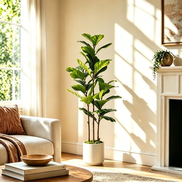 Lolsea 5FT Artificial Fiddle Leaf Fig Tree with White Planter Pot, Natural Trunk Realistic Leaves, Faux Ficus Tree Fake Moss for Home House Office Decor Indoor