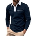 thumbnail image 2 of RXIRUCGD Men Solid Color Pocket Long Sleeves Flip Collar Fashion Golf Ball Shirt Tops, Navy, Size: L, 2 of 6
