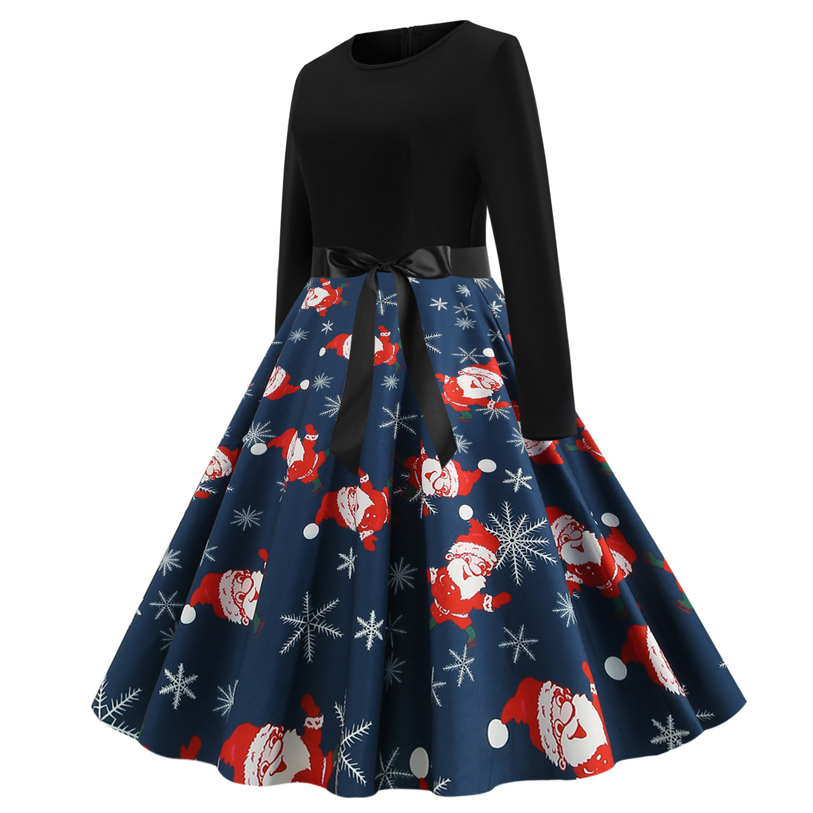 Robes de Noël Vintage pour Femmes Patchwork Robe Vintage Rockabilly Robes de Fête de Noël avec Nœud