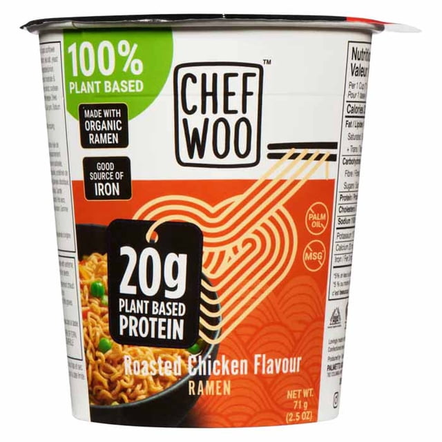 Chef Woo - Ramen Roasted Chicken Flavour, 71g vegan instant ramen cup with 20g plant-based protein, made from organic ramen noodles, featuring orange and white packaging with noodle illustration and nutrition highlights, suitable for quick plant-based meals.