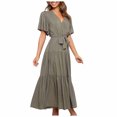 thumbnail image 1 of Birdeem Womens Casual Fashion Solid Color V-Neck Lace-Up Flared Sleeve Splicing Dress, 1 of 6