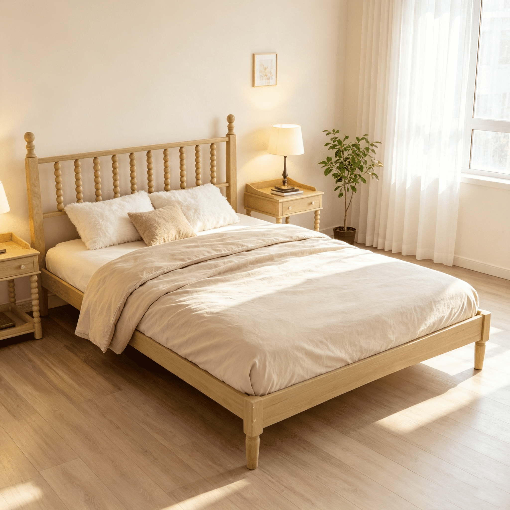 Homy Casa Queen Wood Platform Bed with Gourd-Shaped Headboard, Natural Finish, 10 Slats, No Box Spring