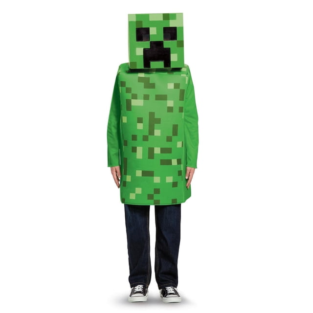 Déguisement Minecraft Creeper Classic Costume pour Enfant avec un Enfant Orienté vers l'Avant Portant une Tunique Rectangulaire Verte Pixélisée et un Masque Creeper Carré 3D avec des Yeux et une Bouche Noirs Pixélisés, Assorti à des jeans Foncés et des Espadrilles Noires, Convient pour l'Halloween des Garçons et les Déguisements Minecraft.