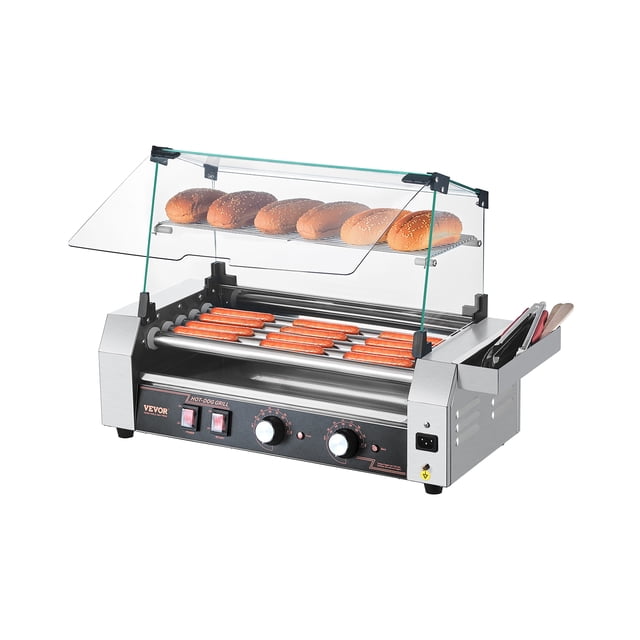 VEVOR Electric 12 Hot Dog 5 Roller Commercial Grill Cooker Machine Cover 750W. A stainless steel hot dog roller grill with 12 hot dogs on 5 rotating rollers and a glass hood. Features dual temperature control knobs, a removable grease drip tray, and a storage box for accessories. Includes a top rack for warming buns. Suitable for food stands, family gatherings, and barbecues.