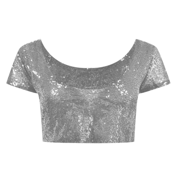 DXOUPM Women Shirt Sequins Going Out Crop Top Crew Neck Short Sleeves Summer Trendy Clothes
