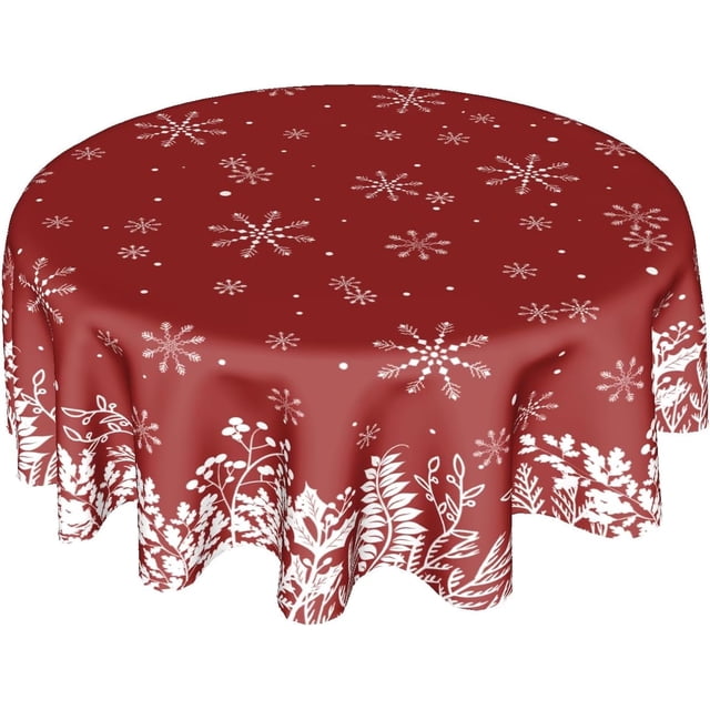 Merry Christmas Tablecloth 60 Inch Round Red Christmas Floral Table Cloth Round Cover Christmas Snowflake Snowy Xmas Table Cloth Winter Farmhouse Decorative for Holiday Home Kitchen Dining Party