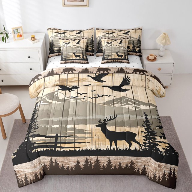 7 Piece Bed in a Bag Twin Size Comforter Set for Kids Rustic Moose Bedding Set,Farm Deer Bear Reversible Bed Set,Hunting Themed Comforter with Sheet Set,All Season