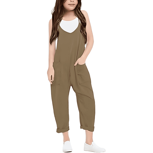 Girls Romper Solid Rompers for Girls Sleeveless Rompers with Pockets Girl Clothes 5-6 Y