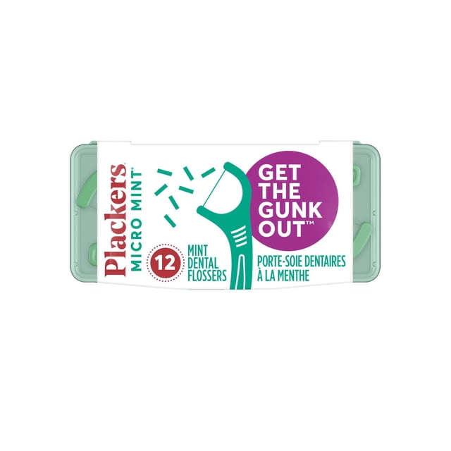 Plackers Micro Mint dental flossers pack featuring a compact mint green travel case with a white label showing the brand name, a flosser graphic, and text indicating 12 mint dental flossers and the slogan 'Get the Gunk Out' in English and French, ideal for convenient oral care and travel.