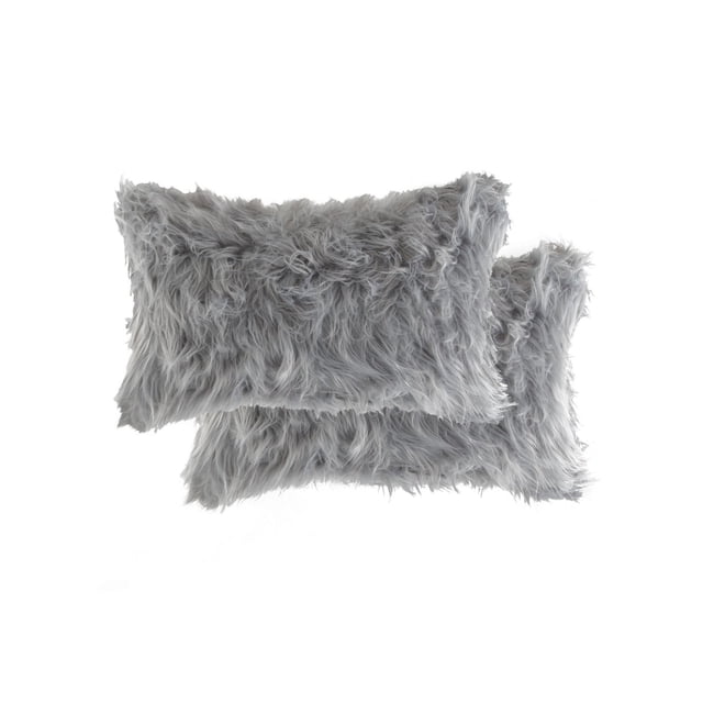 BELTON FAUX FUR PILLOW 12"X20" 2-PACK with two grey rectangular pillows made of 100% animal-free acrylic plush featuring double-sided lush soft pile and polyfil filling, suitable for layering on beds or sofas and often used as decorative lumbar support.