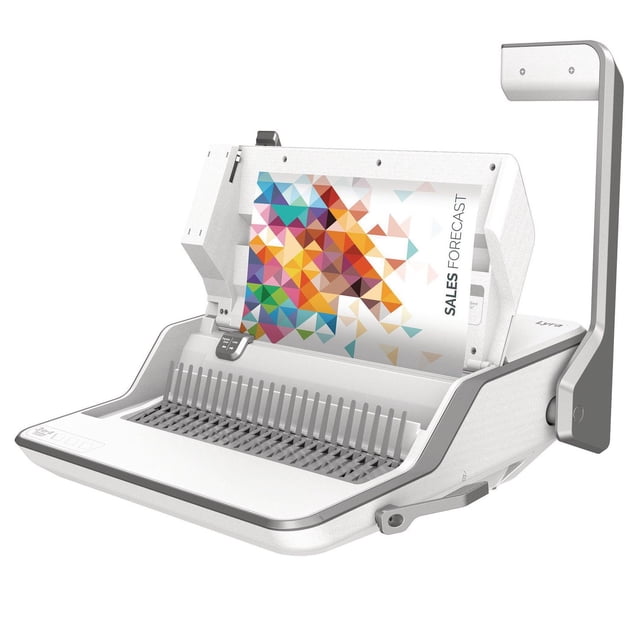 Fellowes Lyra Centre de Reliure en Vue avant 3/4 avec Fini Blanc et Gris, Affichant un Chargement vertical avec un document de Prévisions de Ventes Coloré. Cette machine à Reliure Combinant Agrafage, Perforation à 3 Trous et Reliure à Peignes avec Peigne en Plastique et Poignée Argentée, Idéale pour la Reliure de Documents au Bureau et en Classe.
