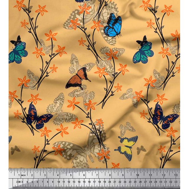 Soimoi Tissu Poly Georgette Orange Fleur & Papillon Décor Tissu Imprimé BTY 52 Pouces de Large