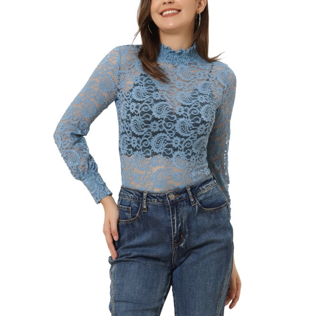 INSPIRE CHIC Blouse Florale en Dentelle Semi-Transparente à Manches Longues Col Roulé pour Femmes Bleu m