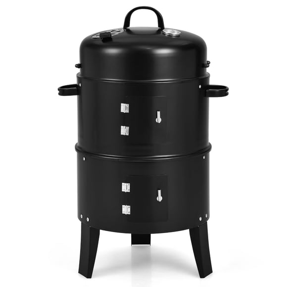 Gymax Fumoir de Barbecue au Charbon Vertical 3 en 1 Séparable avec Thermomètre Intégré
