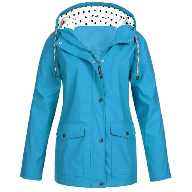 LSLJS Women Solid Rain Jacket Outdoor Plus Size Hooded Raincoat Windproof( Light Blue, M)