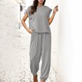 thumbnail image 2 of Penkiiy Ensemble 2 Pcs d'Été pour Femme en Coton et Lin, Col Ras du Cou, Manches Mi-Longues, Pantalon Long, Combinaison, Se S Gris, 2 of 6