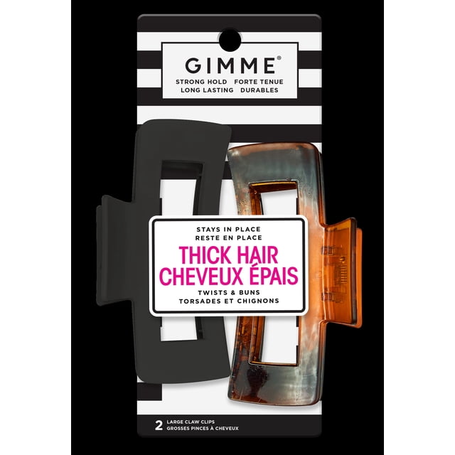 Gimme Rectangle Claw Clips, Black & Tortoise, 2 Ct, large claw clips with strong hold and smooth finish, designed for thick hair to secure twists and buns comfortably all day, featuring one black and one tortoise shell clip.