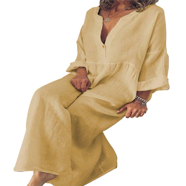 CHUANK Robe Maxi Ample à Manches Longues en Coton et Lin pour Femmes, Grande Taille, Unie, Boutonnée