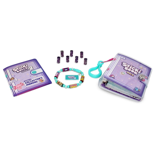Sticki Rolls Sticki Book with wearable sticker bracelet holding 7 mystery Sticki Rolls, a purple collector's manual, and a laminated purple Sticki Book with snap closure and turquoise clip, designed for organizing and sharing 120 kawaii mini stickers.