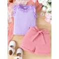 thumbnail image 2 of SUNSIOM Toddler Girl Summer Outfit Solid Color Ribbed Frills Sleeveless Tank Tops and Shorts with Belt 2Pcs Clothes Set, 2 of 6