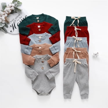 2PCS Newborn Baby Boy Girl Long Sleeve Romper Pants Leggings Knitted Outfits Clothes Set 0-24m