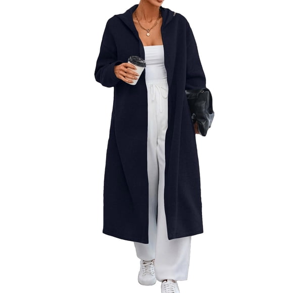 Pisexur Women's Hooded Cardigan Fashion Fall Long trench coat women Casual Long Sleeve Open Front Slouchy Wool Blend Trench Coats Oversized Chunky Winter Clothing for Women S-2XL Blue
