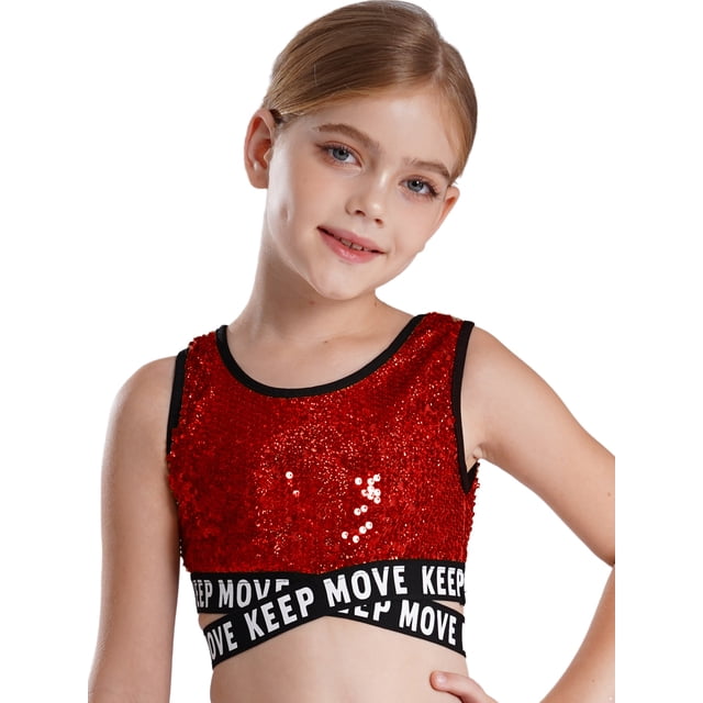 Débardeur Court de Danse Athlétique Sans Manches à Paillettes Brillantes pour Filles, Découpes, à Bretelles Croisées, Fête, Rouge, 4