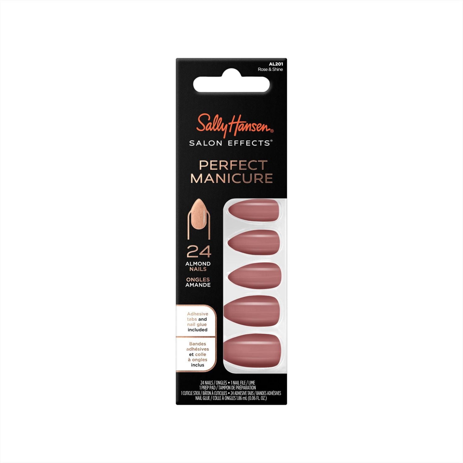 Sally Hansen - Salon Effects® Perfect Manicure™ ongles à coller modèle amande - inclut 24 faux ongles premium , une lime à ongles, un bâtonnet en bois, un tampon de préparation, des languettes adhésiv