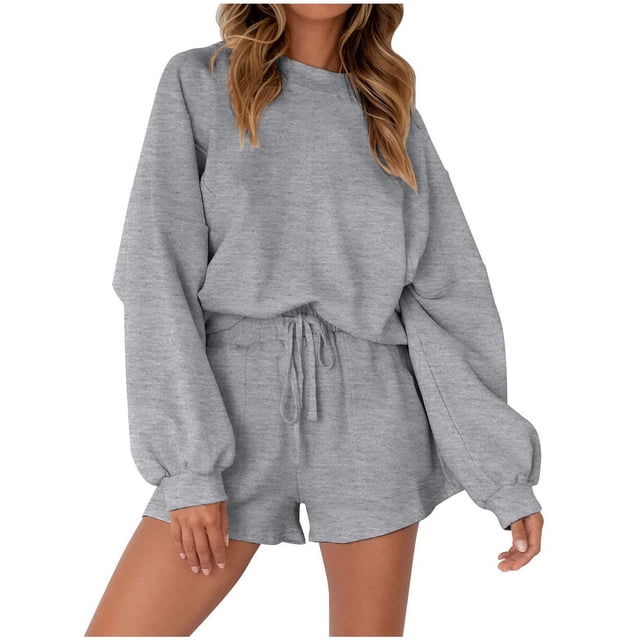 Yuyuzo Ensemble de Survêtement Décontracté pour Femme à Manches Longues, Couleur Unie, Col Ras du Cou, Chandail à Enfiler, 2 Pcs, Shorts, Tenue de Sport