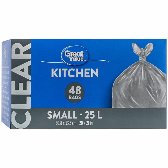 Great Value Petits Sacs de Cuisine Transparents Boîte avec 48 Petits Sacs à Ordures Transparents, Capacité de 25 L, 50,8 x 53,3 cm (20 x 21 Po), avec Attaches à Rabat Faciles à Utiliser pour une Fermeture Sécurisée, Convient pour Garnir les Petits Bacs de Cuisine, le Recyclage et le Rangement Domestique Léger.
