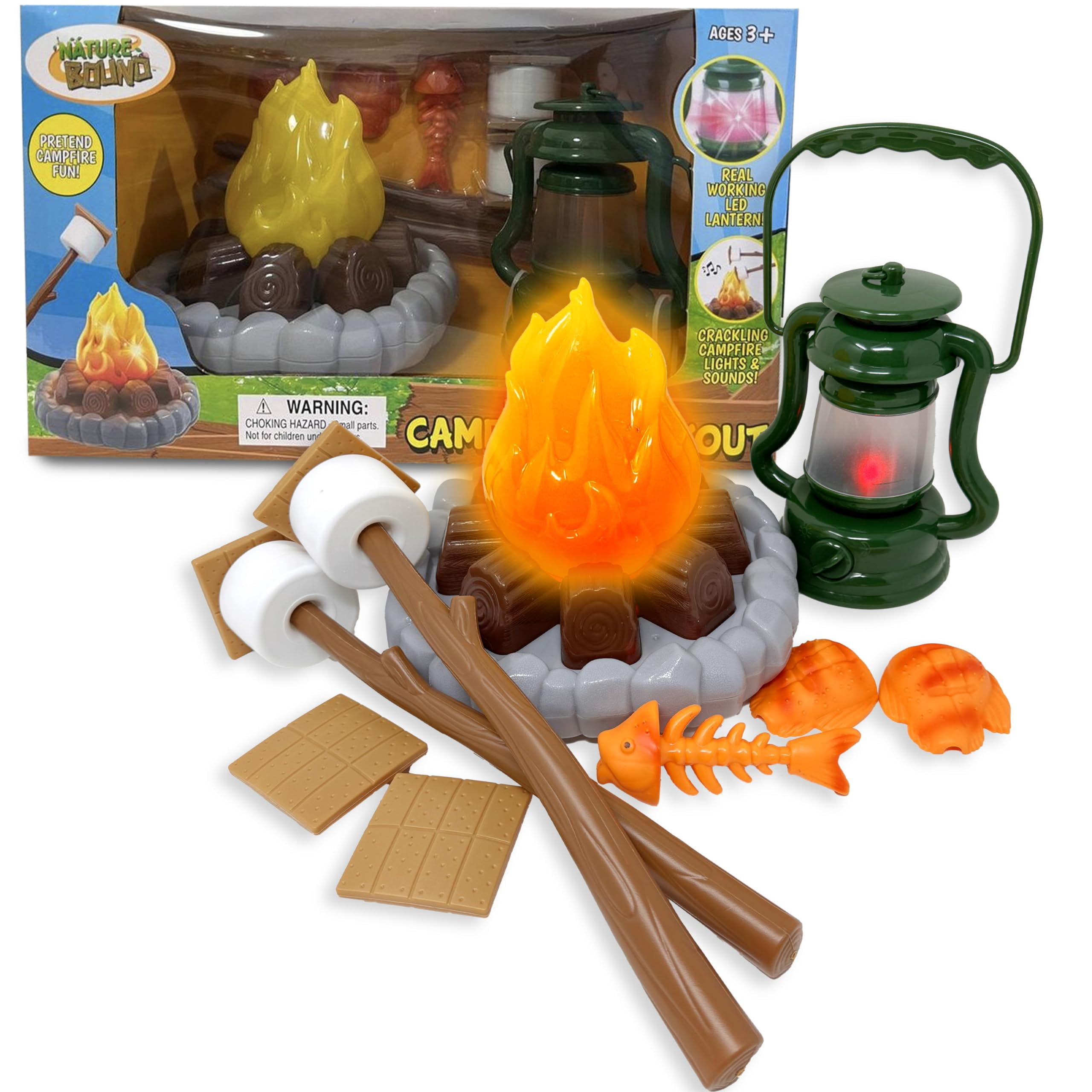 Nature Bound Kids Camping Playset - Light-Up Campfire Toy Set for Indoor and Outdoor Adventures - Pretend S’mores, Lantern, and Camping Accessories